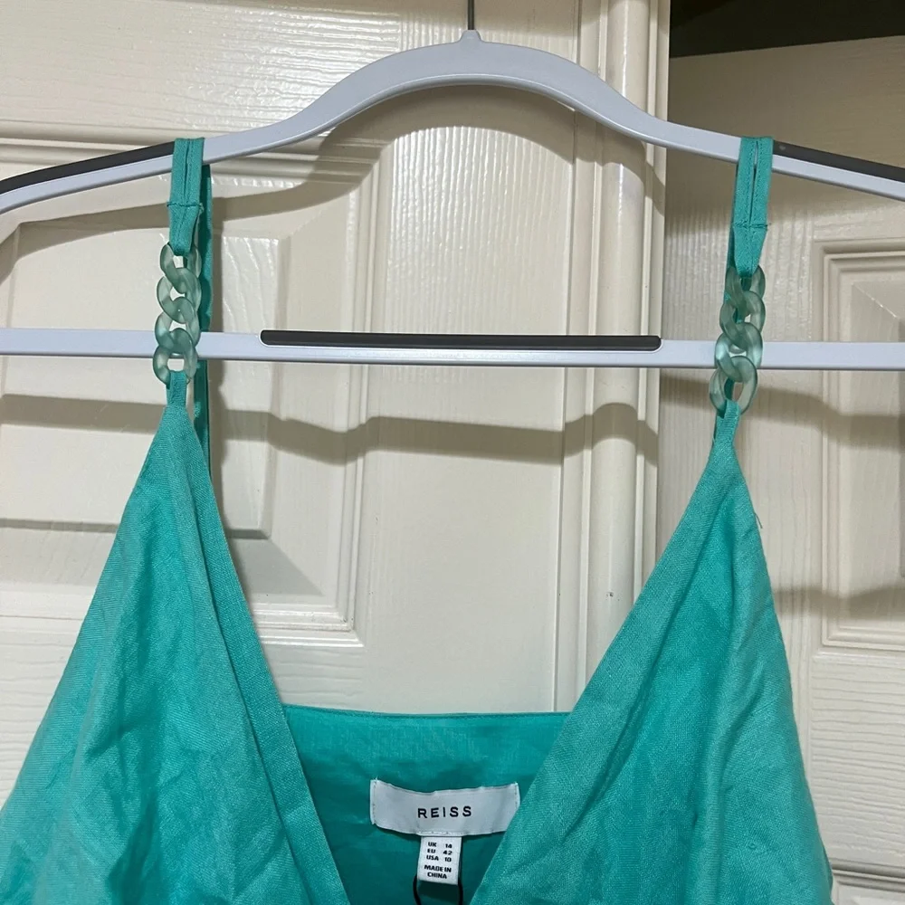 Reiss Esme Linen Side Tie MIDI Dress Aqua casual classic stylish summer size 10‎